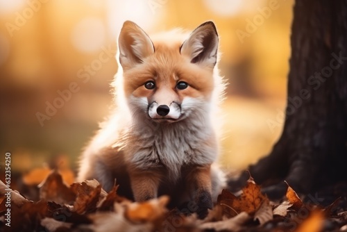 close-up portrait little cute fox on the background of the autumn forest © InfiniteStudio