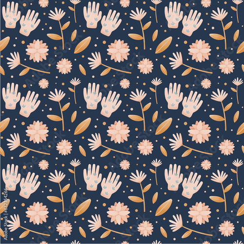 Beautiful gardening seamless pattern with gardening gloves, flowers, and leaves