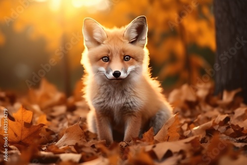 close-up portrait little cute fox on the background of the autumn forest