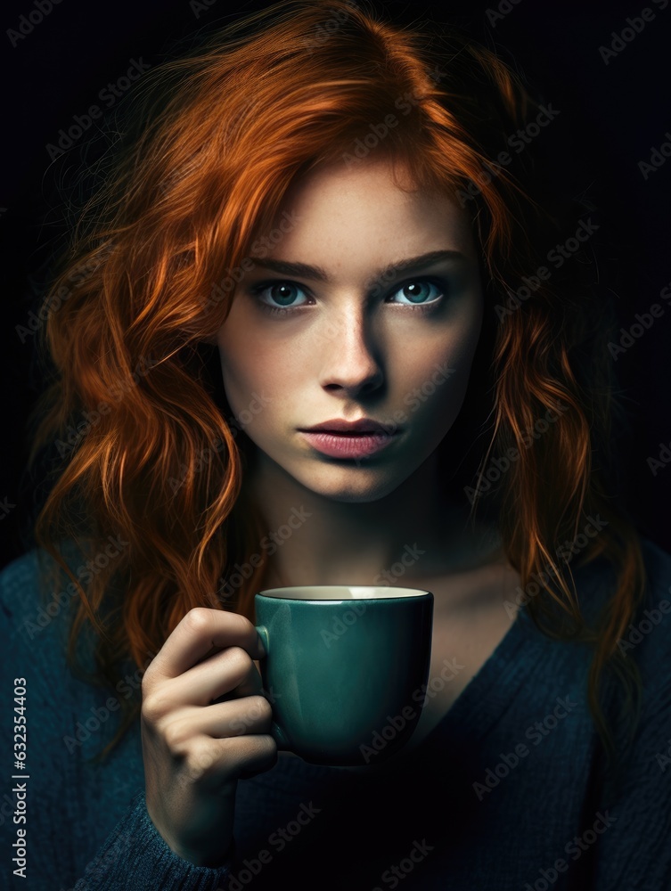 custom made wallpaper toronto digitalportrait of a girl with red hair and blue eyes holding a mug of tea