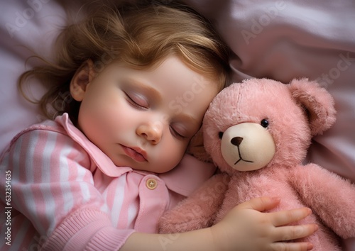 little girl sleeping in bed hugging a teddy bear