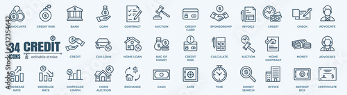 Loan and Credit web icons in line style. Credit card, deposit, car leasing, rate interest, calculator, income, rating, collection.