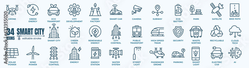 Smart city line icon set with infrastructure efficiency tech, future digital urban, autonomous building, information & communication technology ICT