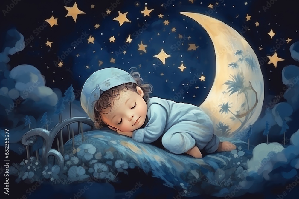 kids illustration with moon and sleeping baby. Beautiful poster for baby room or bedroom. Childish greeting card kids illustration with moon and sleeping baby. Beautiful poster for baby room or bedroom. Childish greeting card