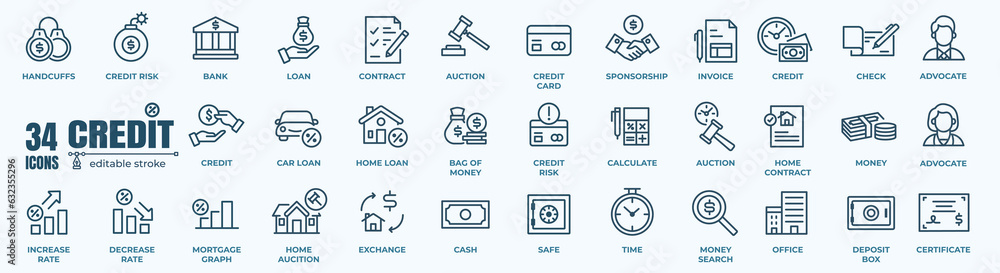 Loan and Credit web icons in line style. Credit card deposit car