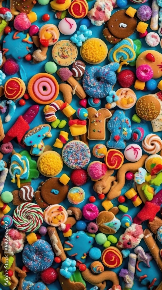 Variety of colorful candies on blue background. Top view.