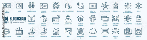 Blockchain and bitcoin technology icon set. Cryptocurrency icons element. Containing blockchain, distribution and decentralized finance.