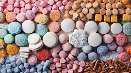 Colorful candies and marshmallows as background  top view  New Year Celebration.