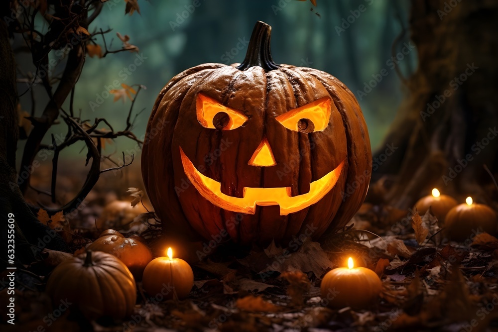 Halloween pumpkin head jack lantern with burning candles in scary deep night forest,AI generated Halloween pumpkin head jack lantern with burning candles in scary deep night forest,AI generated