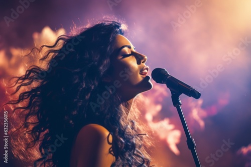 Beautiful female pop star singer giving music concert performance