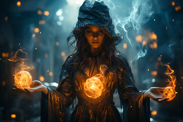 Dark and beautiful witch conjures on Halloween night. Fairy tales. Halloween magic
