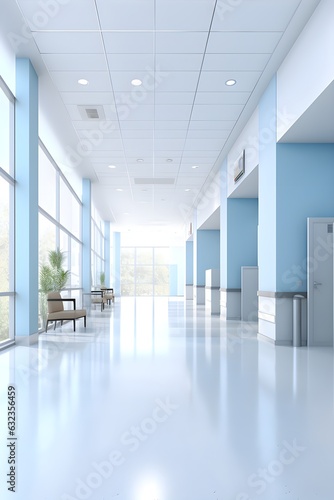 Empty modern hospital corridor, clinic hallway interior background with white chairs for patients waiting for doctor visit. Contemporary waiting room in medical office, blue, pink pastel, AI Generated © Vladislava