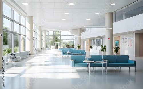 Empty modern hospital corridor, clinic hallway interior background with white chairs for patients waiting for doctor visit. Contemporary waiting room in medical office, blue, pink pastel, AI Generated