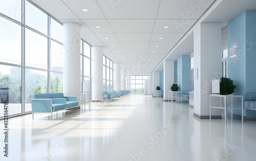 Empty modern hospital corridor  clinic hallway interior background with white chairs for patients waiting for doctor visit. Contemporary waiting room in medical office  blue  pink pastel  AI Generated