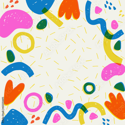 Digital illustration in the style of retro risograph techniques. Hand drawn abstract shapes frame. 
Template for card or banner with room for text. Vector