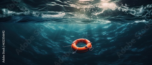 Lifebuoy floats in rough sea waters. Safety and rescue concept. Generative AI