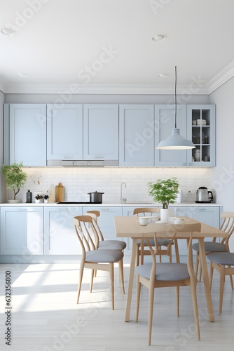 Modern elegant kitchen stock photo  blue  pink and brown pastel colors  nordic  minimalistic style  white  cozy  AI Generated