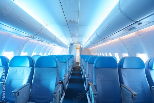Rows of empty seats on airplane, modern new interior, bright lighting, white and blue colors, futuristic, advertisement, aerial transport, AI Generated
