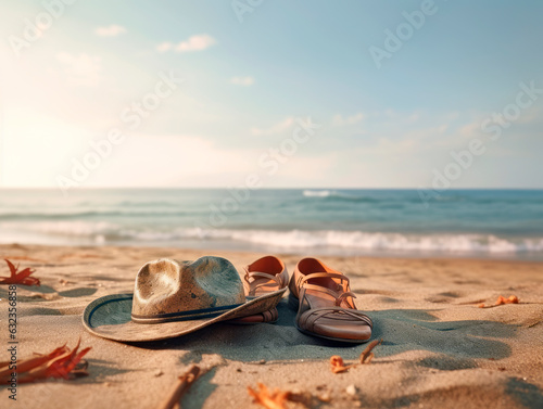 Beach hat and slippers on the sand by the sea. Generative AI