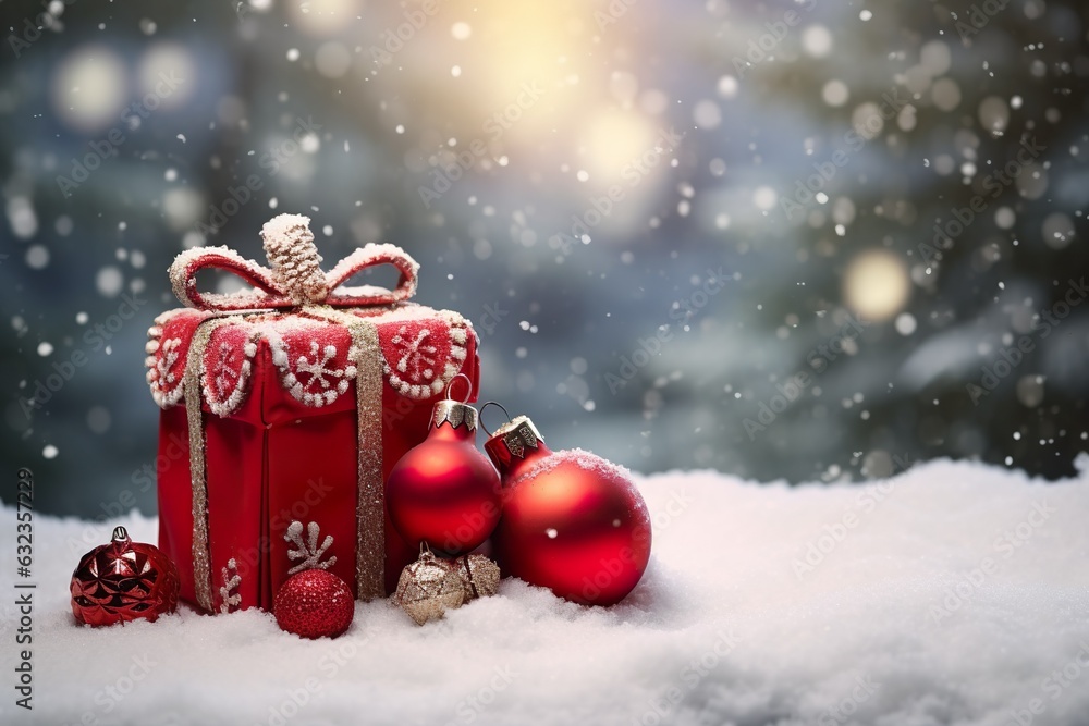 Santa Claus red bag with Christmas balls and gift box on snow | Generative AI Santa Claus red bag with Christmas balls and gift box on snow | Generative AI