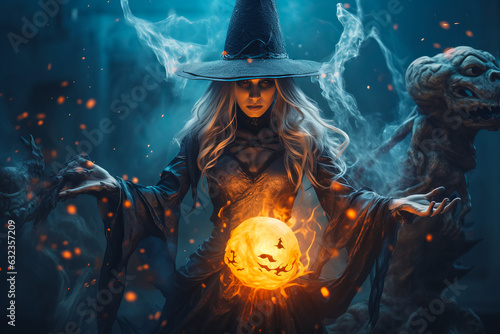 Dark and beautiful witch conjures on Halloween night. Fairy tales. Halloween magic