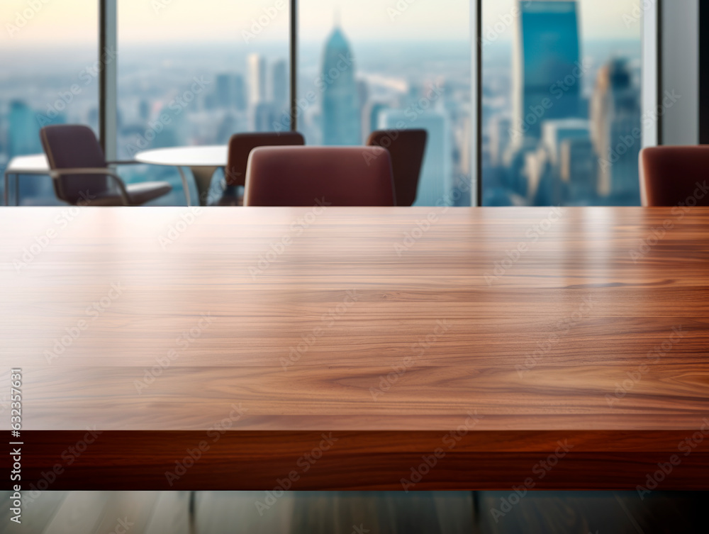 Empty wooden table and chairs in a modern meeting room with city view. Generative AI Empty wooden table and chairs in a modern meeting room with city view. Generative AI