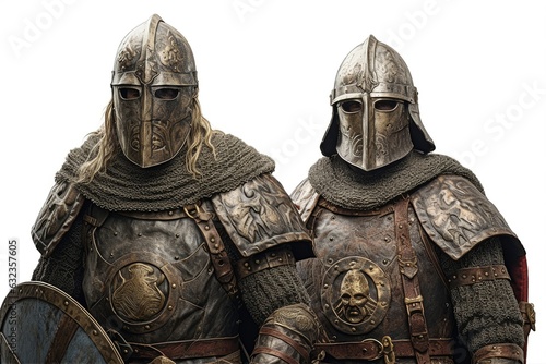 warriors in medieval armor isolated on white background.