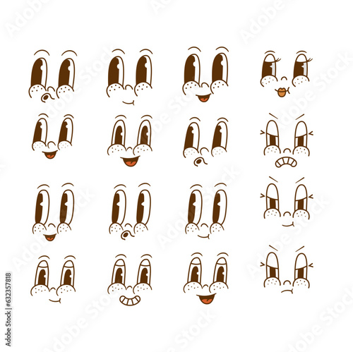Rtero Cartoon faces vector illustration. Funny face expressions, emotions. 70s, 60s old animation eyes and mouths elements. Vintage comic smile for character vector set