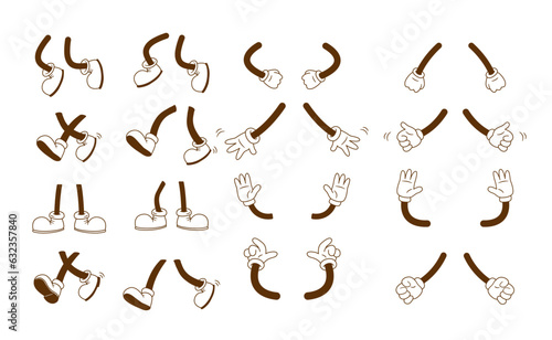 Retro Cartoon mascot foot and arm positions illustration. Vintage arms and shoes boots limbs for character design vector set