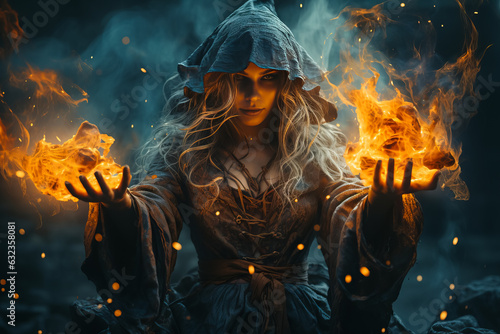 Dark and beautiful witch conjures on Halloween night. Fairy tales. Halloween magic