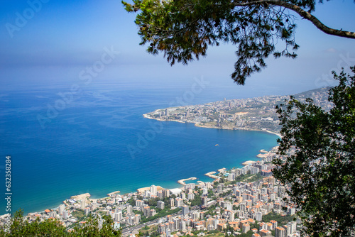 Fototapeta Naklejka Na Ścianę i Meble -  lebanon Jounieh Beirut cityscape coast landscape high up sky clouds mounatins mediterranean sea