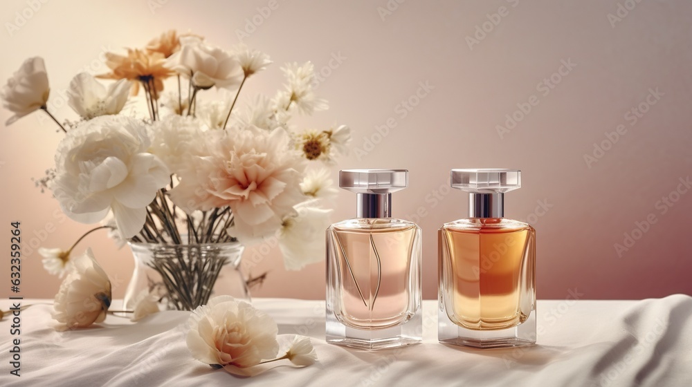 An enchanting composition of stylish perfumes, featuring ornate bottles intertwined with delicate flowers, beautifully portrayed in a charming, blush-colored illustration. An enchanting composition of stylish perfumes, featuring ornate bottles intertwined with delicate flowers, beautifully portrayed in a charming, blush-colored illustration.