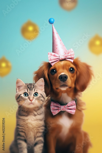 A delightful cat and dog dressed in comical party clothes, standing playfully against a backdrop bursting with vibrant colors, creating a whimsical and cheerful scene that is sure to bring smiles.