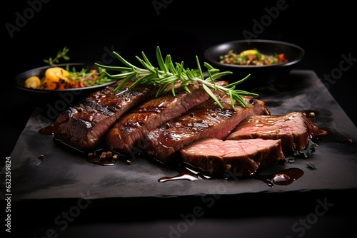 sliced beef steak on black plate | Generative AI