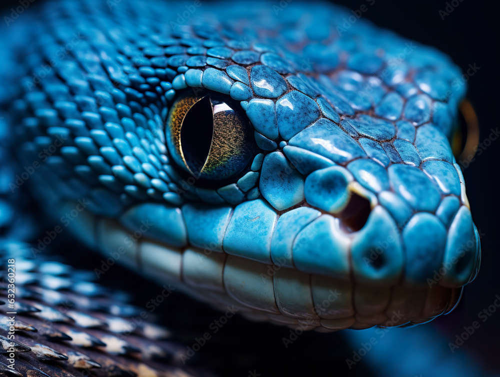 Fototapeta premium An up-close look at the perilous blue insularis viper snake, showcasing its intricate details in a striking macro perspective.