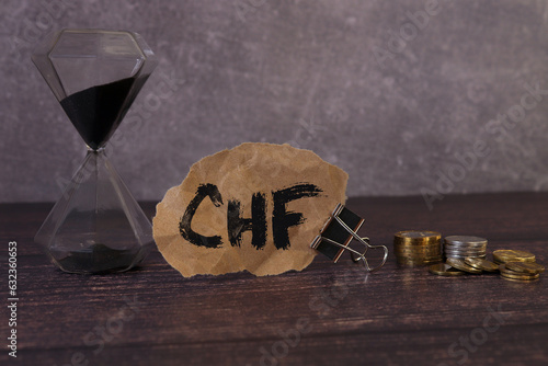 Wooden cubes with the inscription CHF and a cube symbolizing the rise and fall of financial markets photo