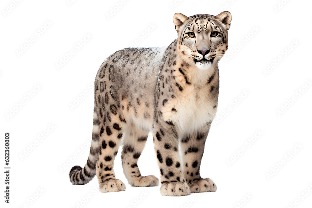 Fototapeta premium Snow Leopard isolated on a transparent background. Animal right side view portrait.