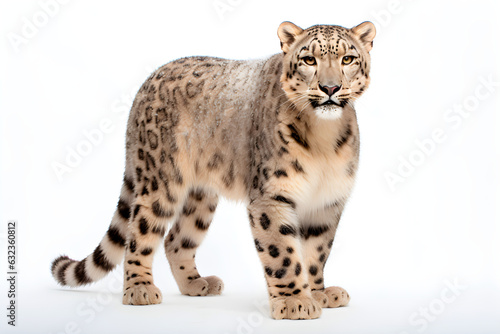 Snow Leopard isolated on a white background. Animal right side view portrait.