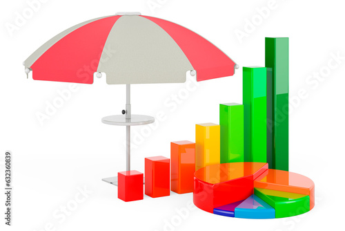 Beach umbrella with growth bar graph and pie chart, 3D rendering