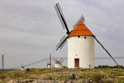 Spectacular view of white cylindrical towers and pointed roofs of old Spanish windmills in flowering fields of Mota del Cuervo in spring..