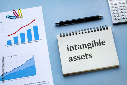There is notebook with the word intangible assets. It is as an eye-catching image.