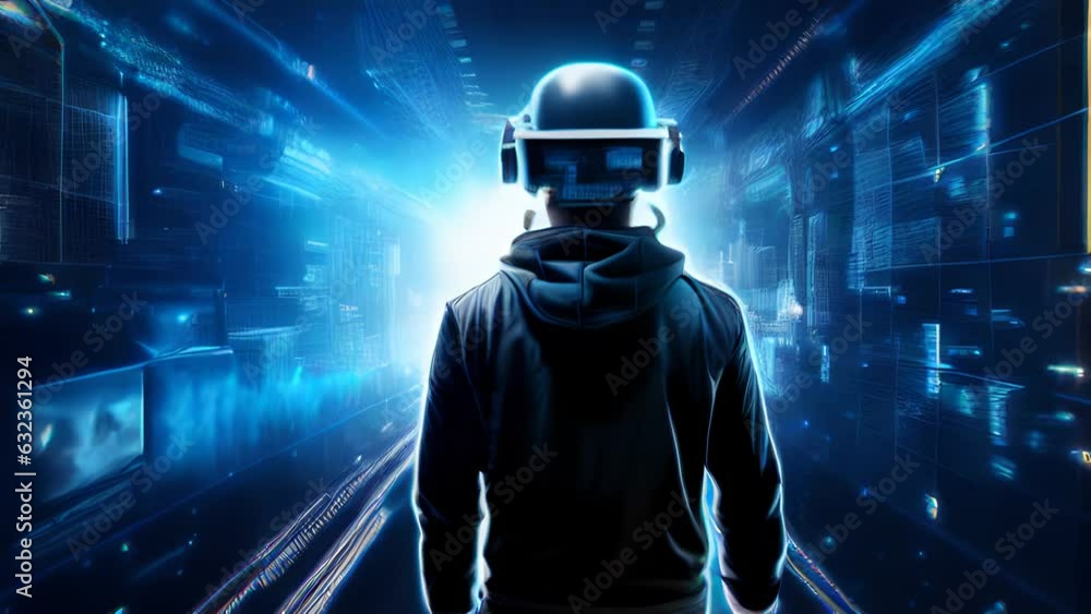 A person wearing a futuristic augmentedreality visor standing in the ‘dark web’ of underground cybercrime networks. cyberpunk art A person wearing a futuristic augmentedreality visor standing in the ‘dark web’ of underground cybercrime networks. cyberpunk art