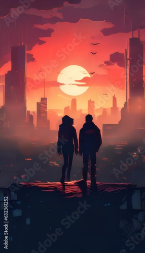 A dark hazy cyberpunk cityscape illuminated by a deepred sunset. On the rooftops mysterious figures in dark tech suits cyberpunk art photo