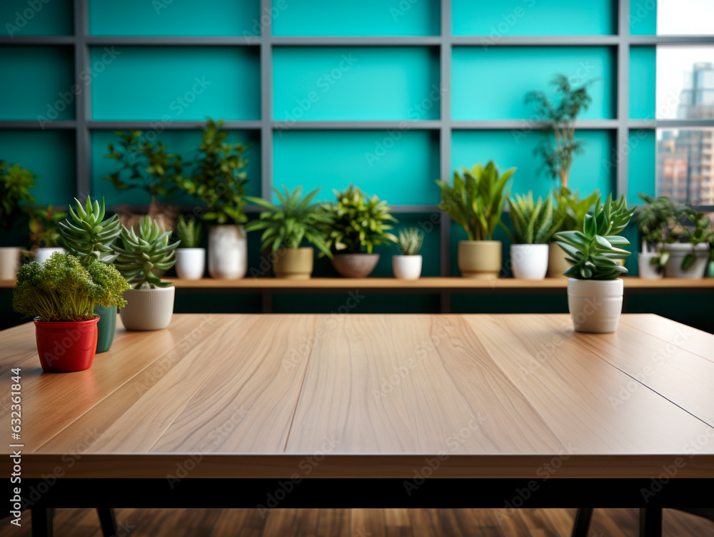 Wooden table and flower pots on the background of green wall. Generative AI