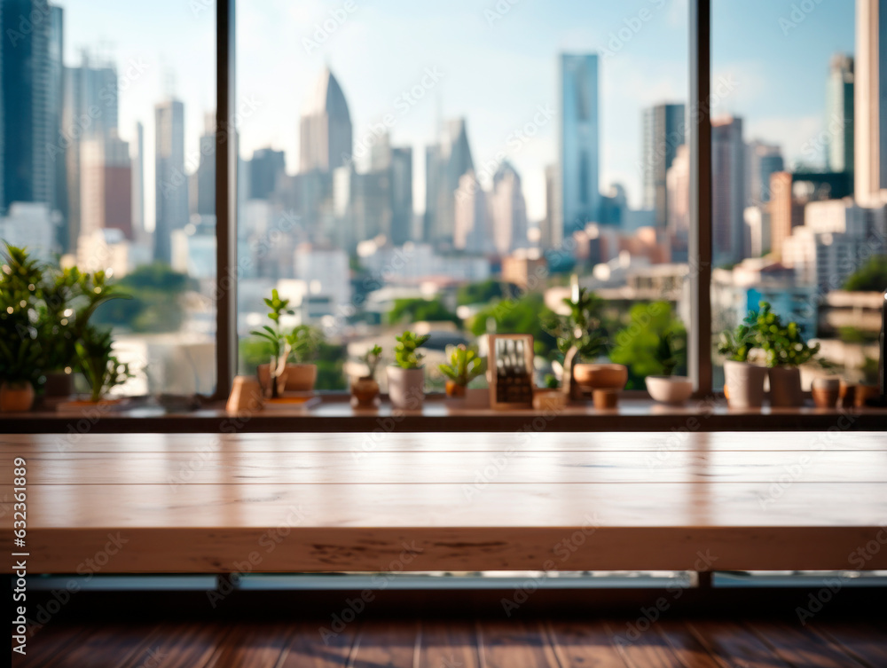 Empty wooden table and city view background. Generative AI Empty wooden table and city view background. Generative AI