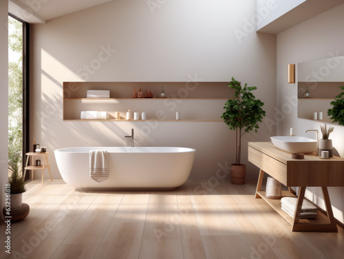 Interior of modern bathroom with beige walls  wooden floor  white bathtub and wooden sink with towels. Generative AI