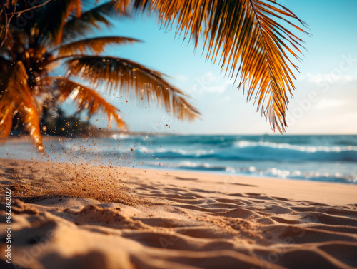 Beautiful tropical beach with palm trees and sand. Vacation concept. Generative AI