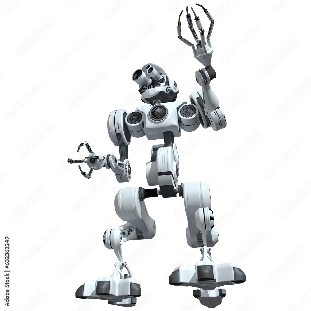 Full body bottom view of white android with 3 glasses on its head and pincers in its hands. 3D Illustration Full body bottom view of white android with 3 glasses on its head and pincers in its hands. 3D Illustration