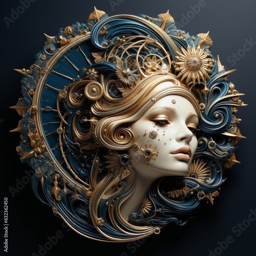A sculpture of a goddess with a moon headdress and gold intricate details. Generative AI. 