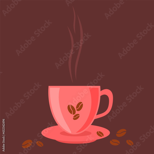 A mug of freshly brewed fragrant coffee, a hot drink, black coffee. A cup of cartoon style coffee with coffee beans, World Coffee Day, isolated.